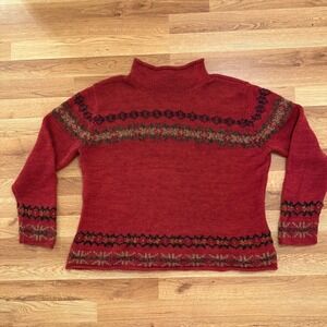 Vintage Eddie Bauer Fair Isle Sweater Red Mock Neck XXL Hong Kong Wool Blend